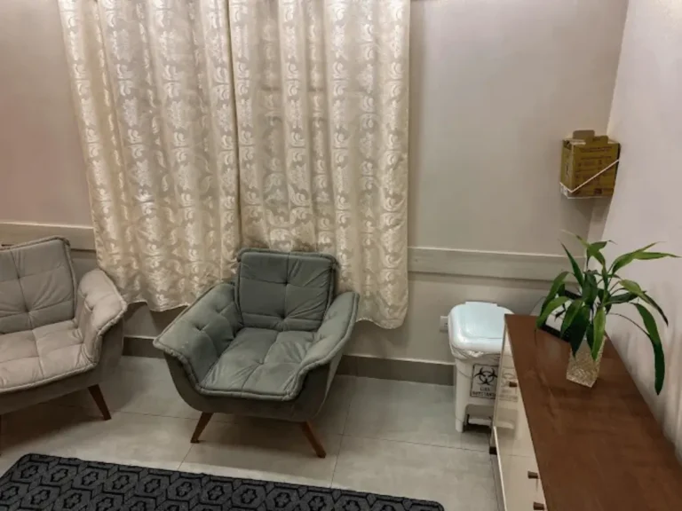 Ambiente intimista de espera e acolhimento da clínica da Dra. Lais Vieira. O espaço reservado conta com duas confortáveis poltronas cinzas, cortinas claras, iluminação suave e detalhes em madeira e vegetação natural, oferecendo privacidade e conforto antes da consulta médica.